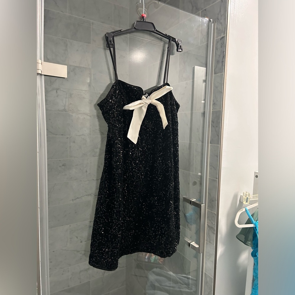 Black Sequin White Bow Dress